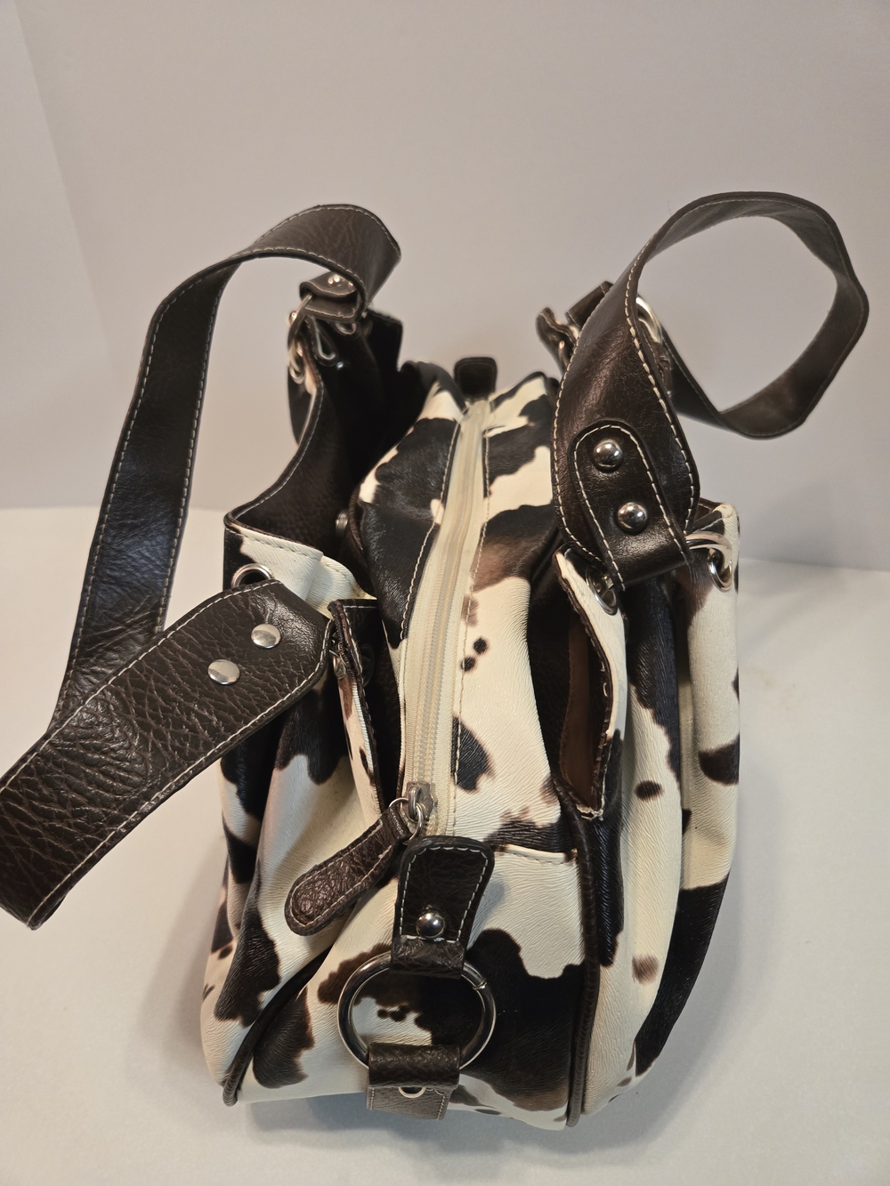 Vintage Cow-Print Satchel in Brown and White - Picture 11 of 12